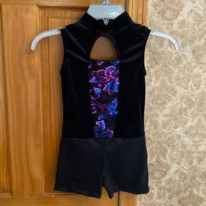 Revolution Black Dance Costume with Blue/Purple Rhinestones and Velvet Top- MC